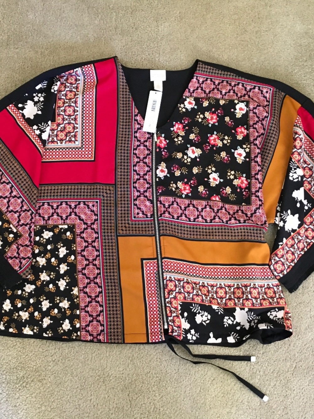 Chico’s “Bohemian Patchwork Zipper Front Top” size 2 (L)